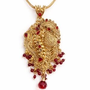 Peacock Filigree Statement Necklace Gold Tone Scroll Ruby Red Stones Jewelry